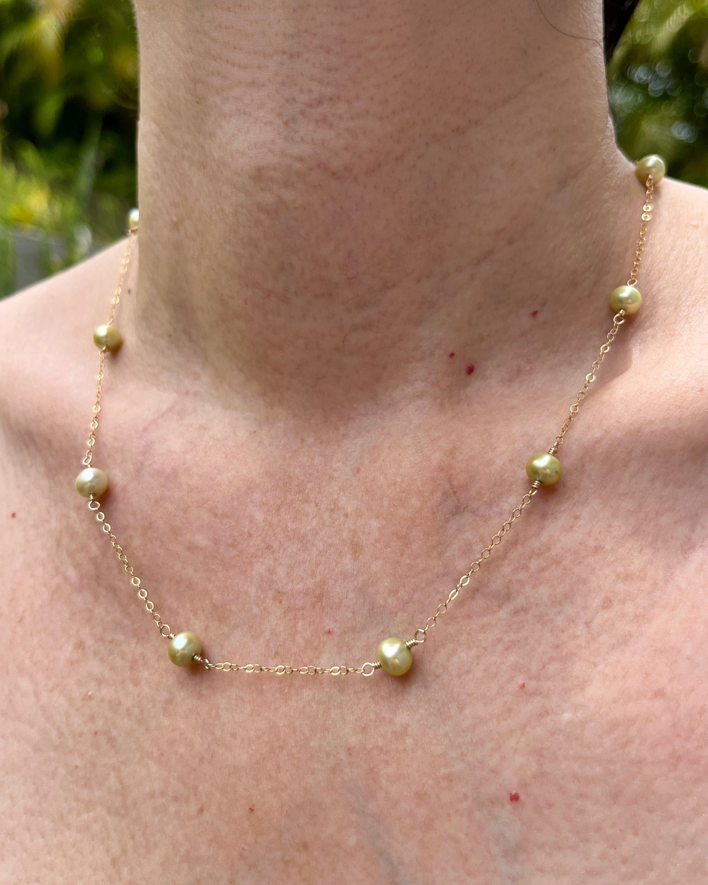 Green Freshwater Pearl Station Necklace