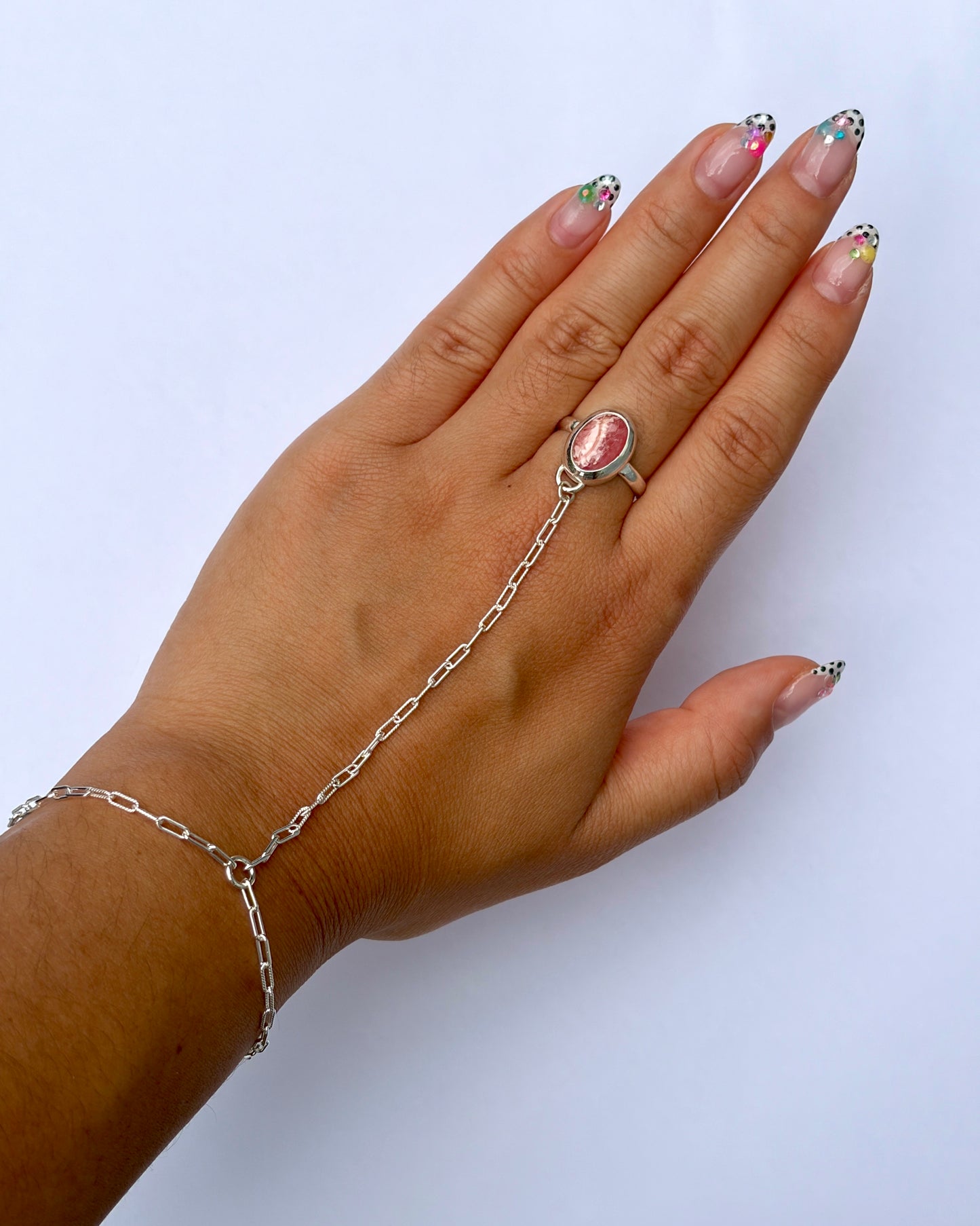 Bezel Hand Chain - Pink Rhodochrosite