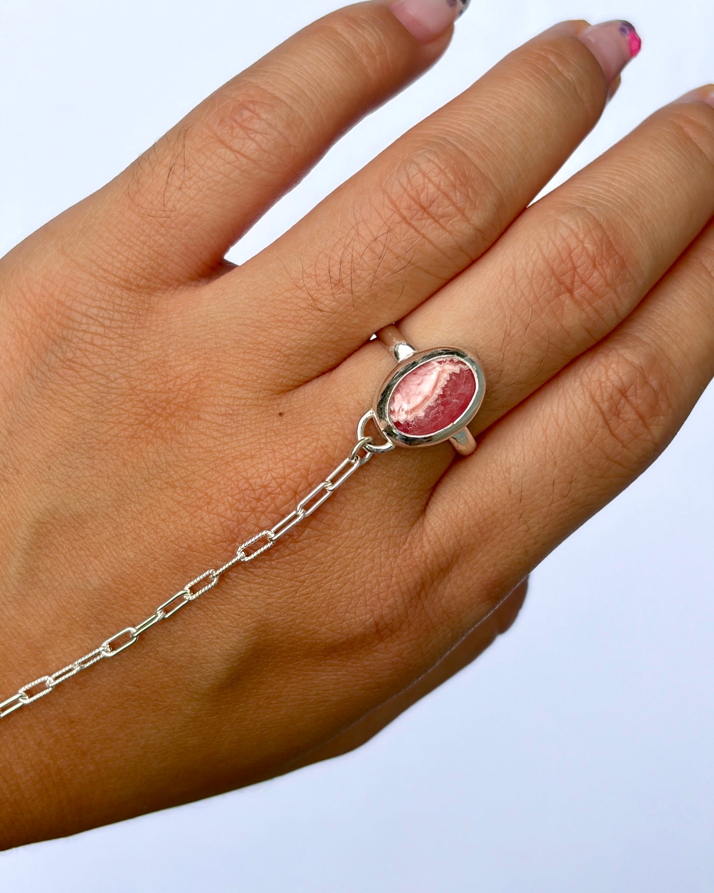 Bezel Hand Chain - Pink Rhodochrosite
