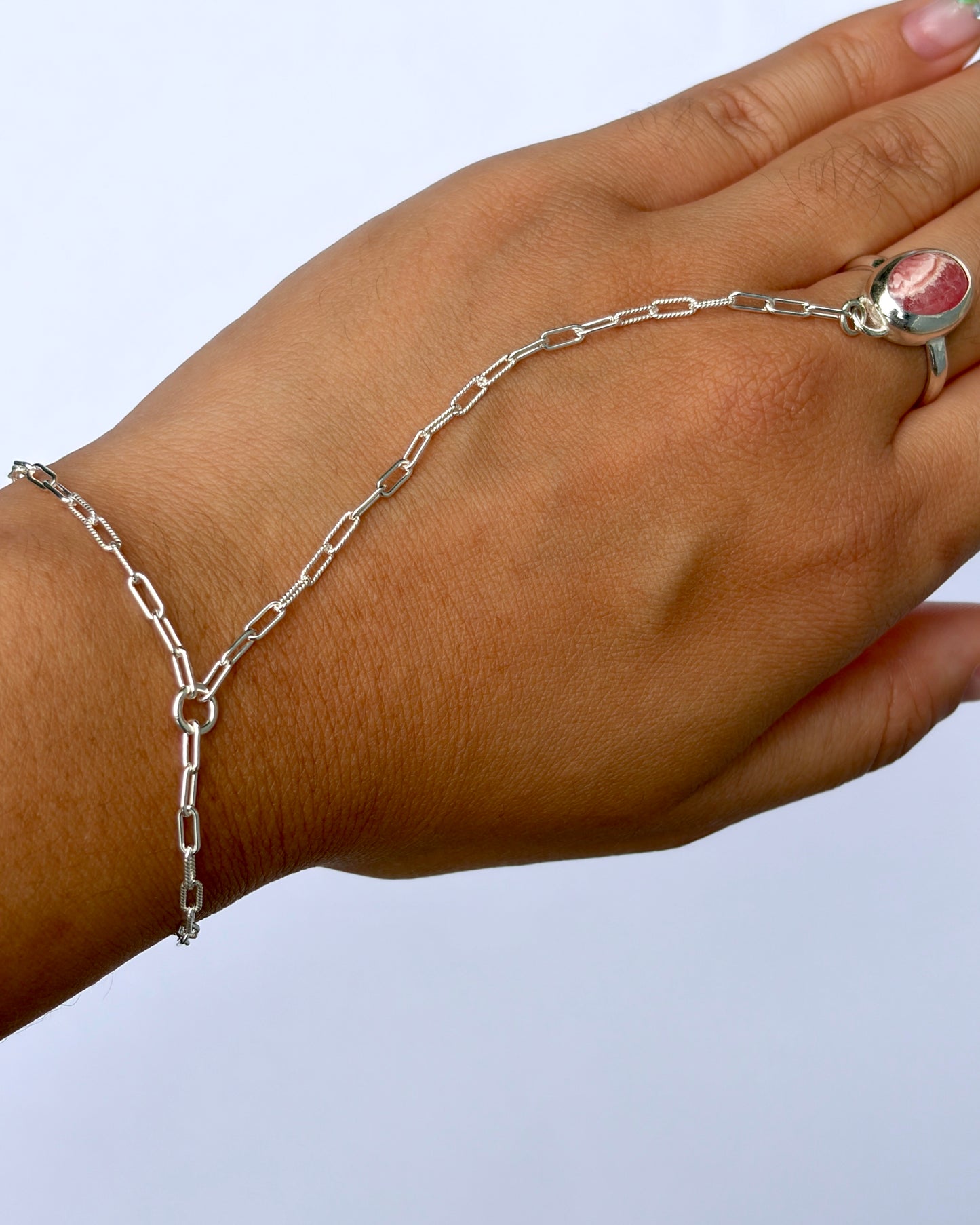 Bezel Hand Chain - Pink Rhodochrosite