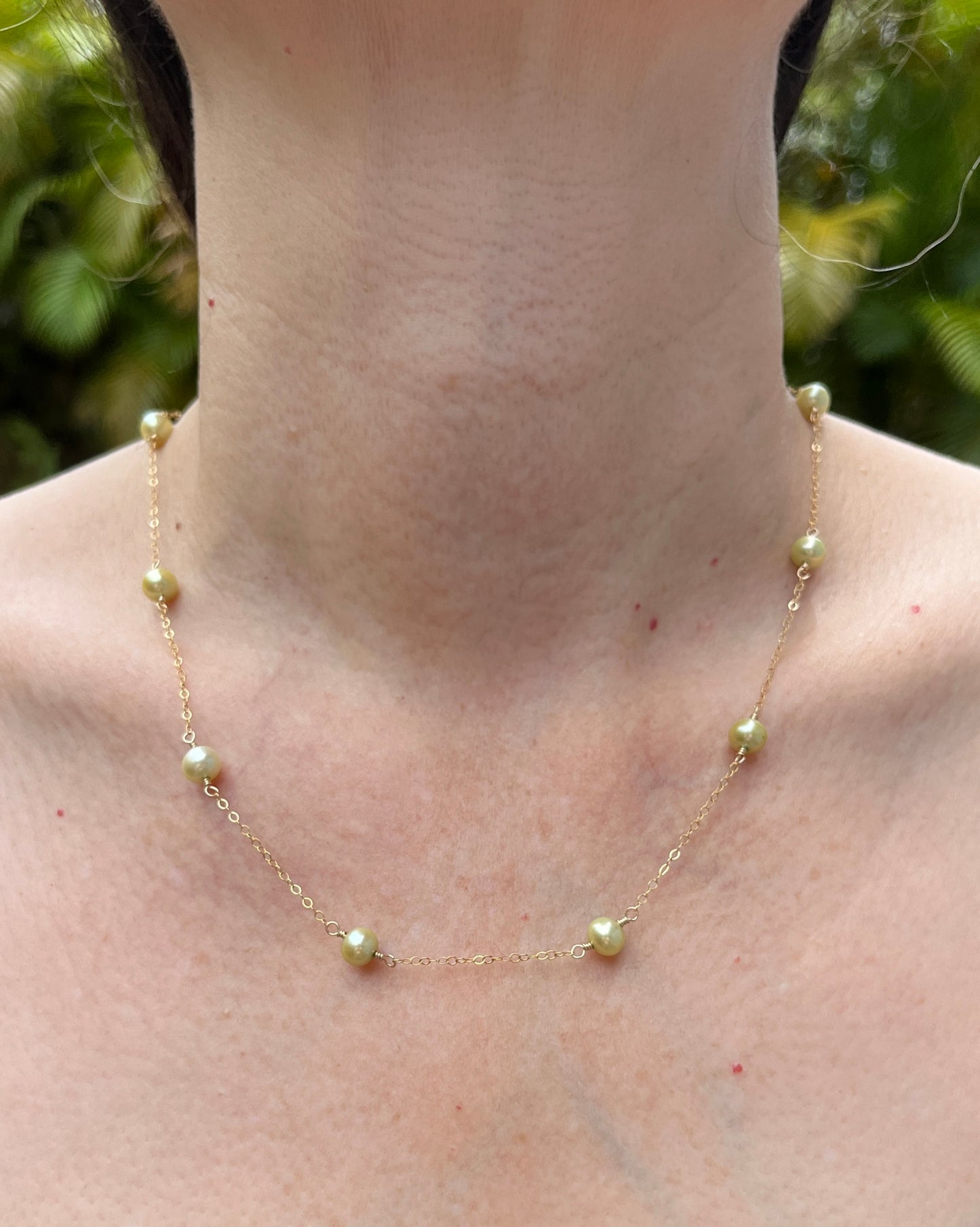 Green Freshwater Pearl Station Necklace