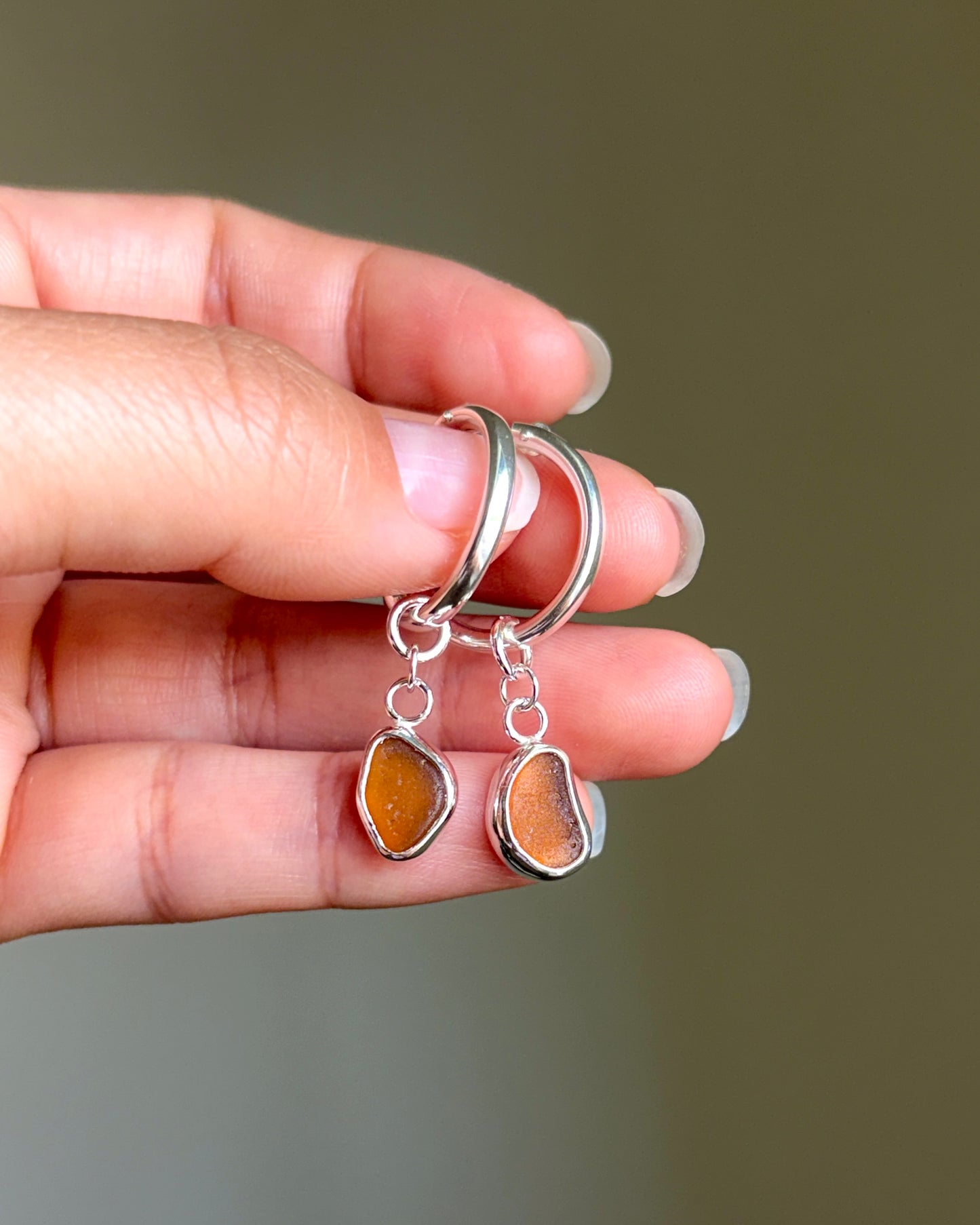Bezel Earrings - Dark Amber Sea Glass