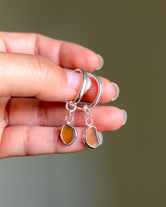 Bezel Earrings - Dark Amber Sea Glass