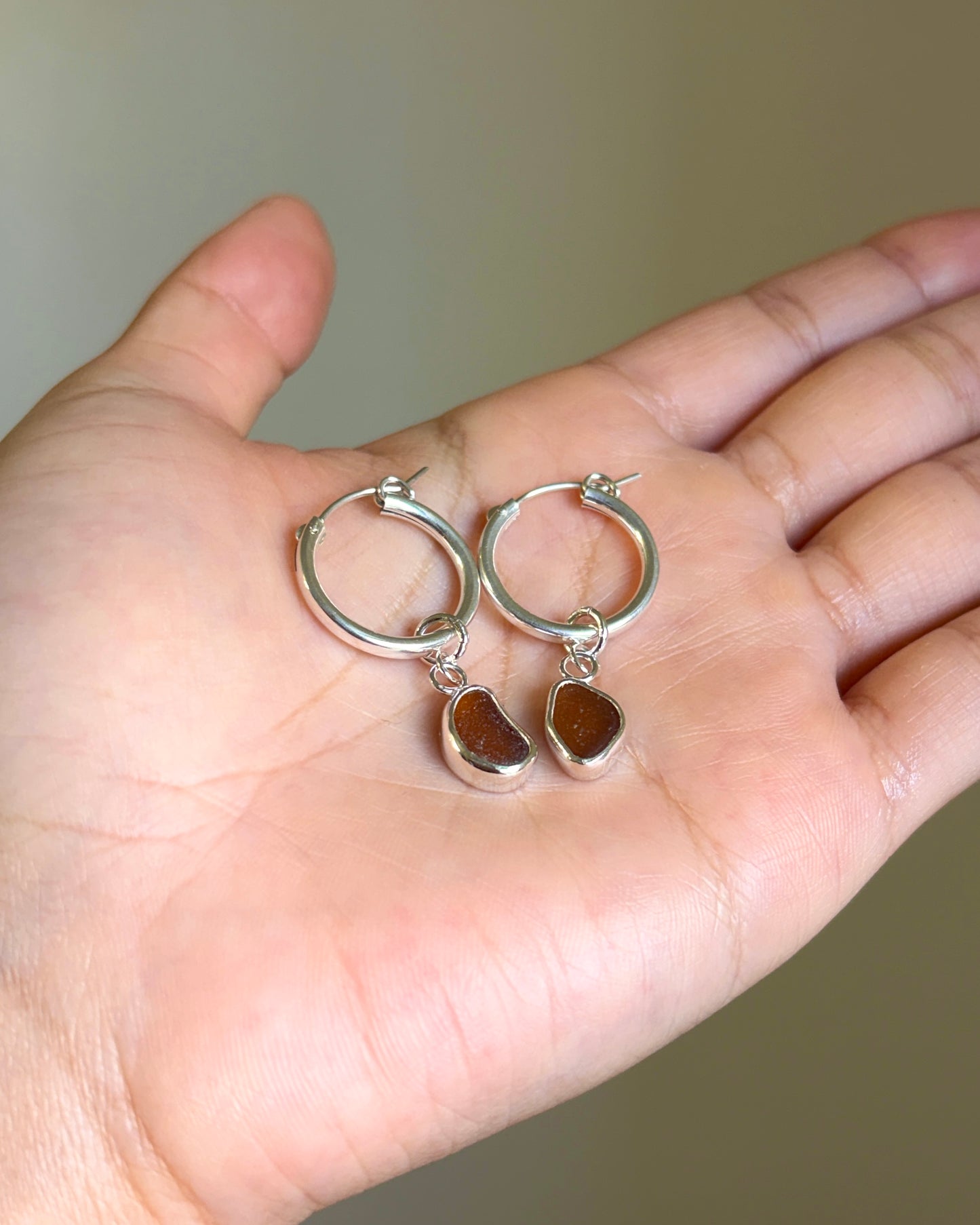 Bezel Earrings - Dark Amber Sea Glass