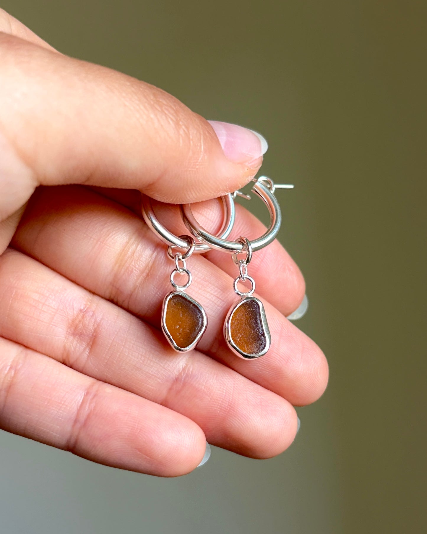 Bezel Earrings - Dark Amber Sea Glass